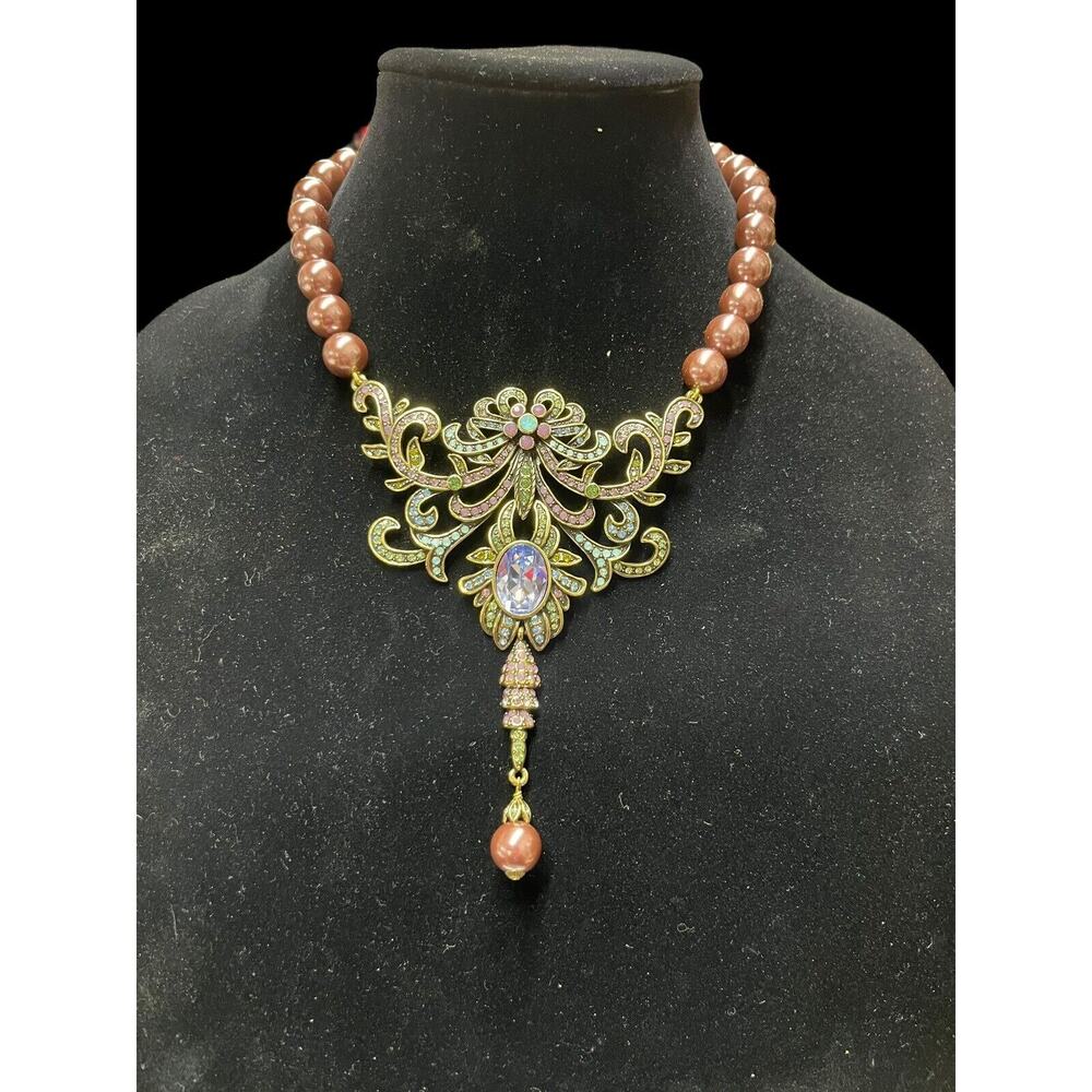 Heidi Daus Necklace “Art Nouveau" Simulated Pearl Drop Gold Tone Crystals